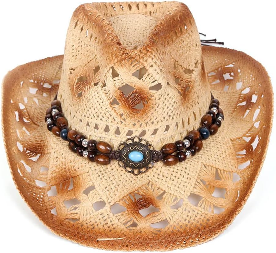 Woven Straw Cowboy Cowgirl Hat, Beach Hat Western Cowboy Hat for Clothing Costume Beige