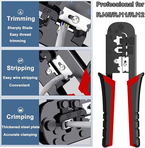 Miniatura 8 de LEATBUY - Herramienta de crimpado CAT5 CAT6, kit de herramienta de crimpado RJ45, 50 conectores LAN Ethernet de paso RJ45, 50 cubiertas, probador de