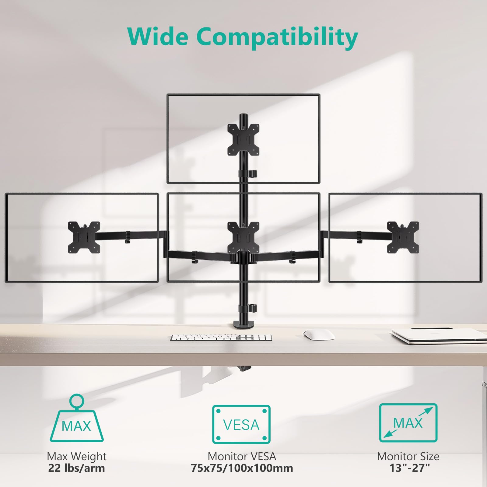 WALI Soporte de monitor cuádruple para pantallas de 17 a 27 pulgadas, soporte de 4 monitores totalmente ajustable con giro, inclinación, rotación, abrazadera y kit de base de ojales, carga máxima de