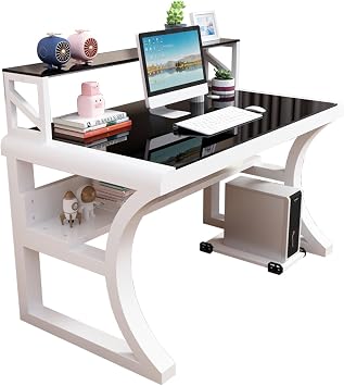 Tempered Glass Computer Desk Large Office Desk With Storage Shelves Modern Gaming Table With Metal Frame For Home Office WorkstationWhite+black,31.4in