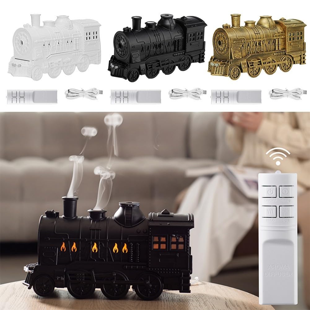 Difusor de aceite esencial de estilo retro de 300 ml, humidificador de aromaterapia en diseño retro de tren de vapor, capacidad de 300 ml con funcionamiento silencioso para relajación (blanco)