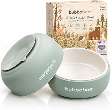 Bubba Bear Baby Porcelain Bowl Set for Weaning | 2 Suction Bowls Sets for Feeding Babies | Toddler Stay Put Food Dishes Kit | Non Slip Silicone Sleeve for Toddlers & Kids