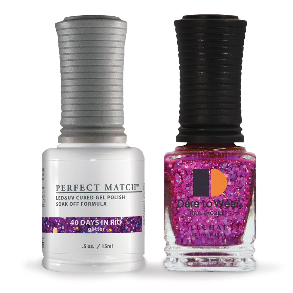 LECHATPerfect Match Gel Polish - 40 Days In Rio - Purple and Pink Holographic Hexes and Pink Micro Glitter on a Sheer Orchid Base - (0.5 Ounce) - Easy Application - Soak Off Formula