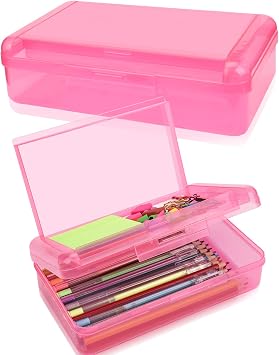 SFLHHDM Large Pencil Box, Double Layer Capacity Pencils Holders, Clear Hard Pen Case with Snap-tight Lid, Plastic Pencil Case for Office School, Pen Boxes Storage School Box Hot Pink-1pcs