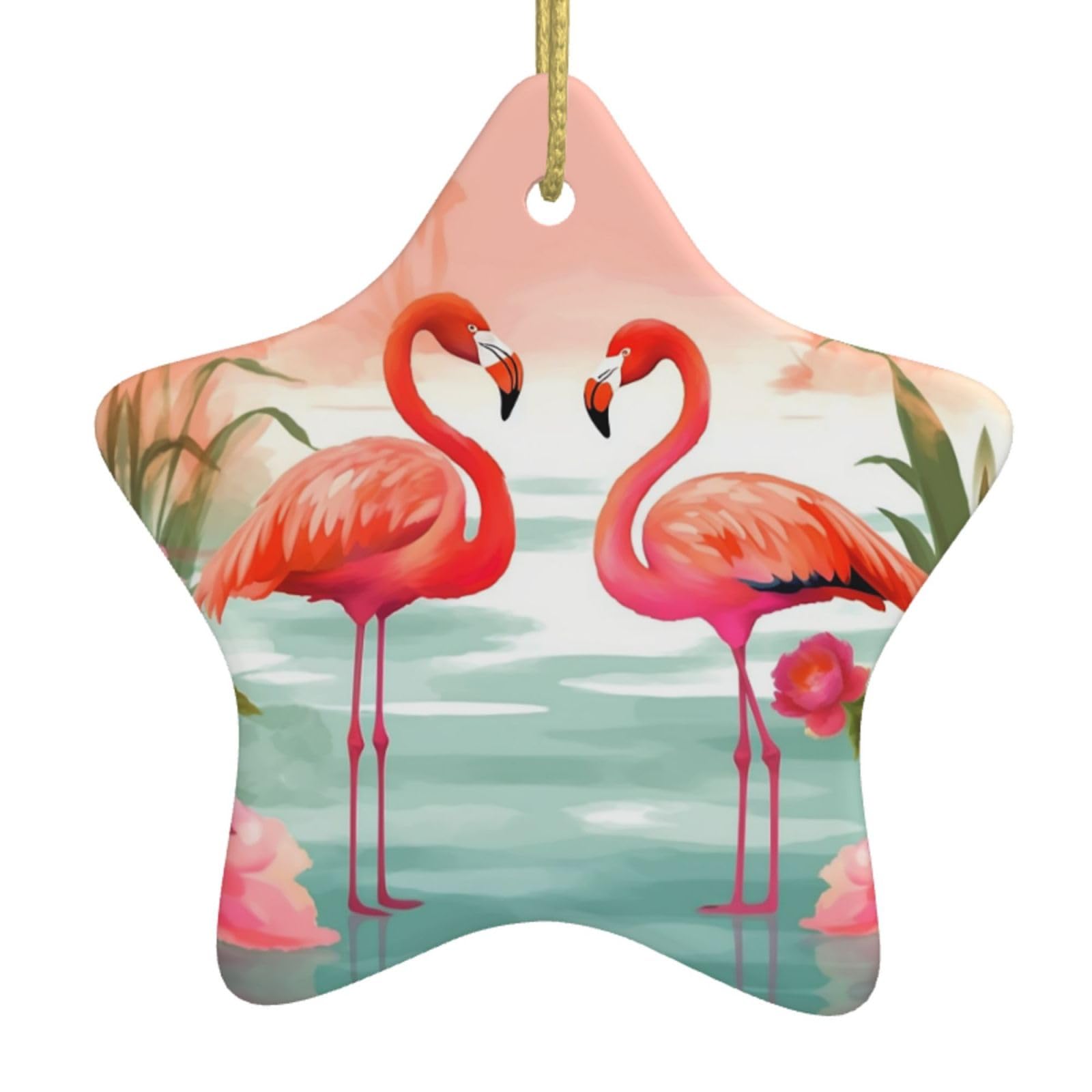 Ceramic Christmas Tree Hanging Ornaments with Gold Ropes Christmas Tree Decorations Star Ceramic Two Red Flamingos Pendant Keepsake Decorations for Holiday Xmas Gift Ideas