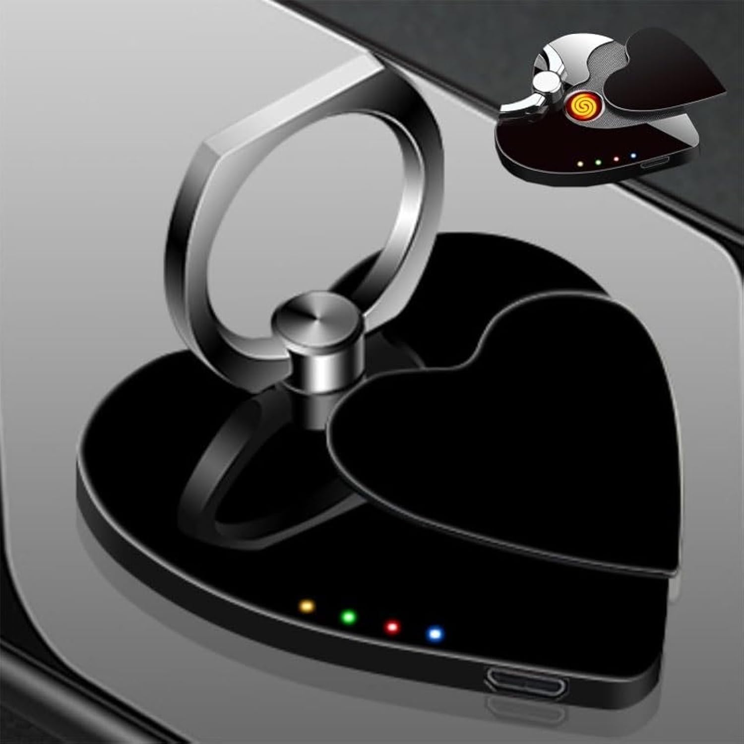 Electric Lighter, Heart-Shaped Phone Ring Holder, Tungsten Wire Ignition, Windproof and Flameless, USB Charging(Black)