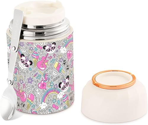 Panda - Tarro de comida con cuchara de acero inoxidable aislado al vacío, termo de 17 onzas para el almuerzo