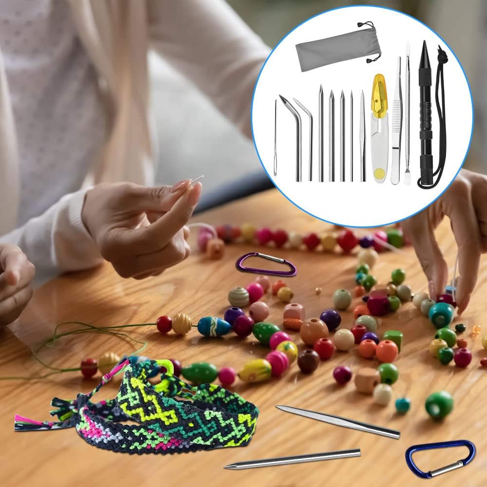 WENRERO 12 Pack Stainless Steel FID Set, 8 Different Size Aluminum Paracord FID Lacing Needles and Smoothing Tool, Marlin Spike Knotter Tools,Tweezers, Scissor with Bag for Leather or Paracord Work
