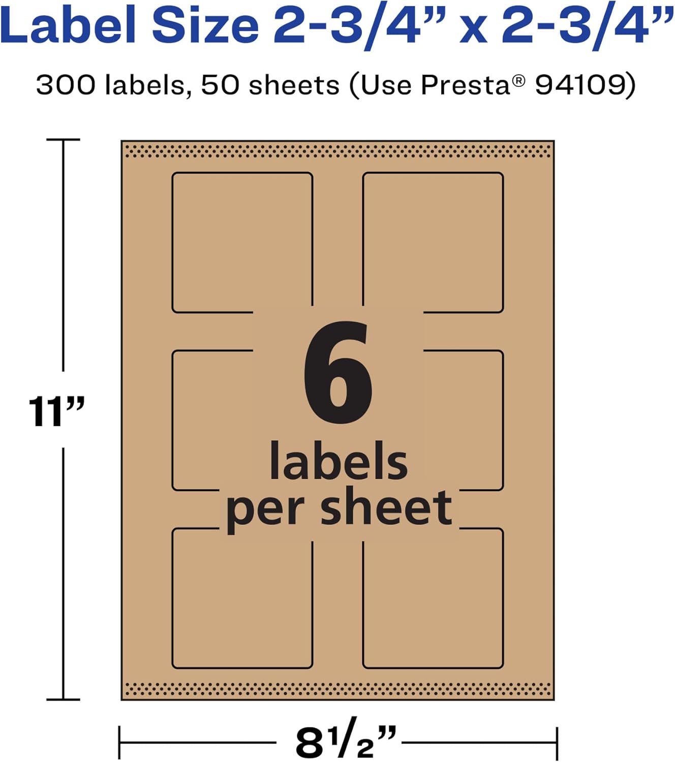 Avery Kraft Brown Square Labels, Sure Feed Technology, 2.75" x 2.75", 300 Kraft Brown Labels, Print-to-The-Edge, Laser/Inkjet Printable