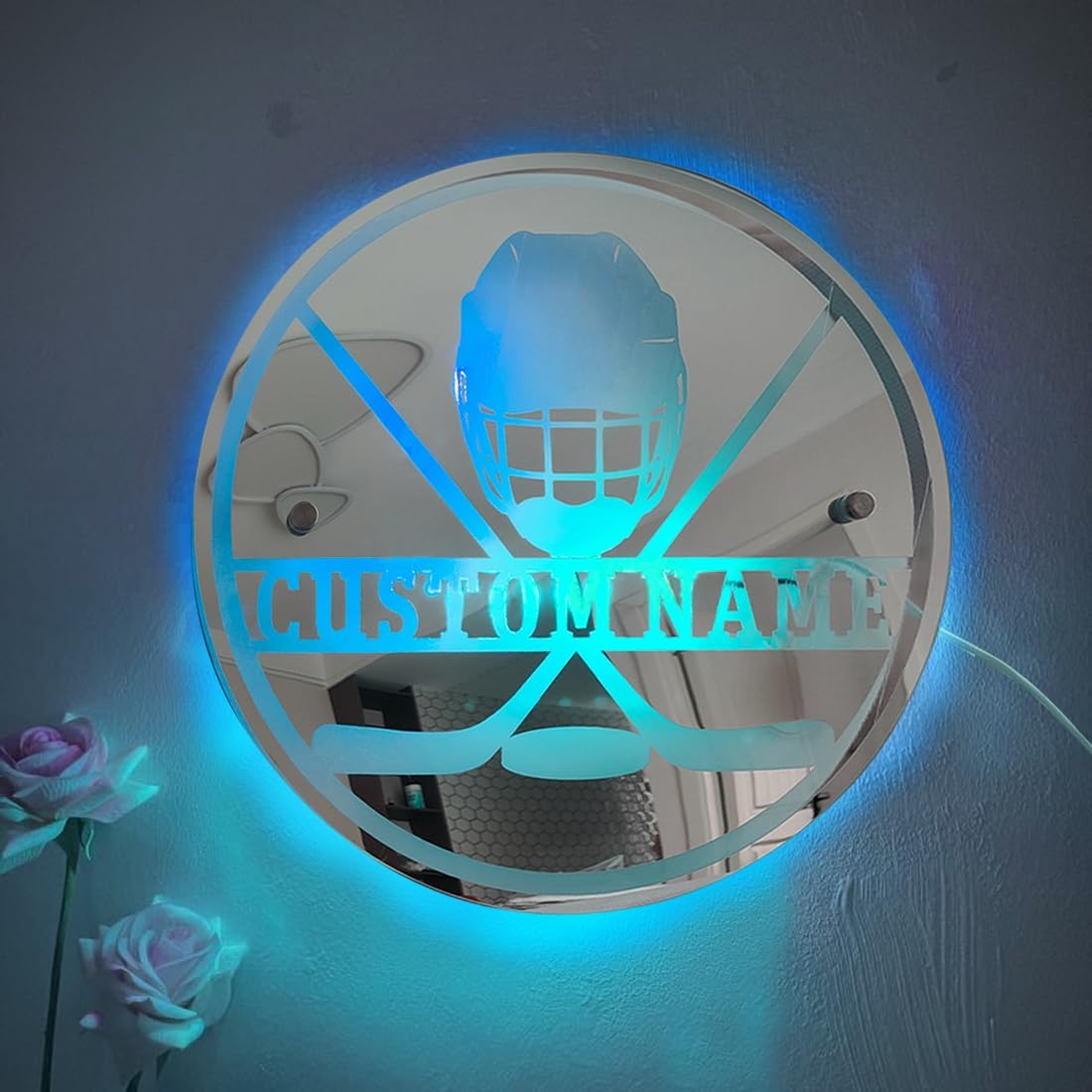 Personalized Baseball Mirror Light Soccer Mirror Signs Football LED Light Hockey Name Mirror Lamp Volleyball Birthday Xmas Valentine's Day Gift Idea for Sport Fan Boys Girls