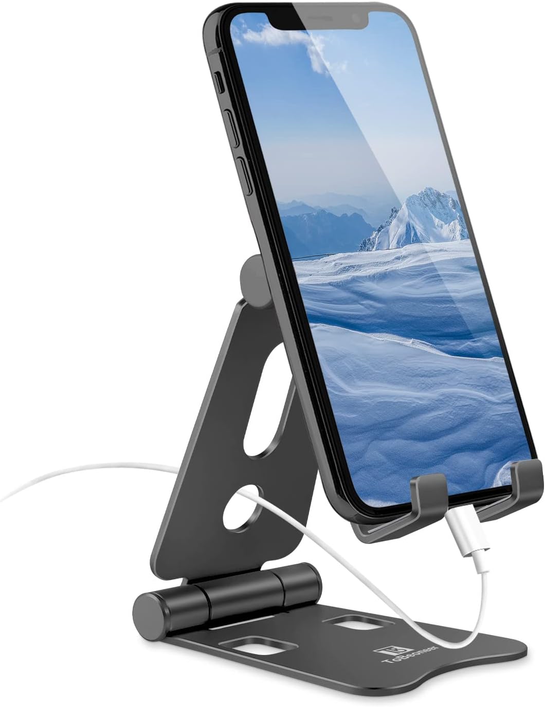 Tobeoneer Foldable Cell Phone Stand Adjustable Phone Holder for Desk, Alluminum Dock for iPhone 14 13 12 11 Pro XR X XS Max 8 7 6 6s Plus iPad Mini Tablet (Black)