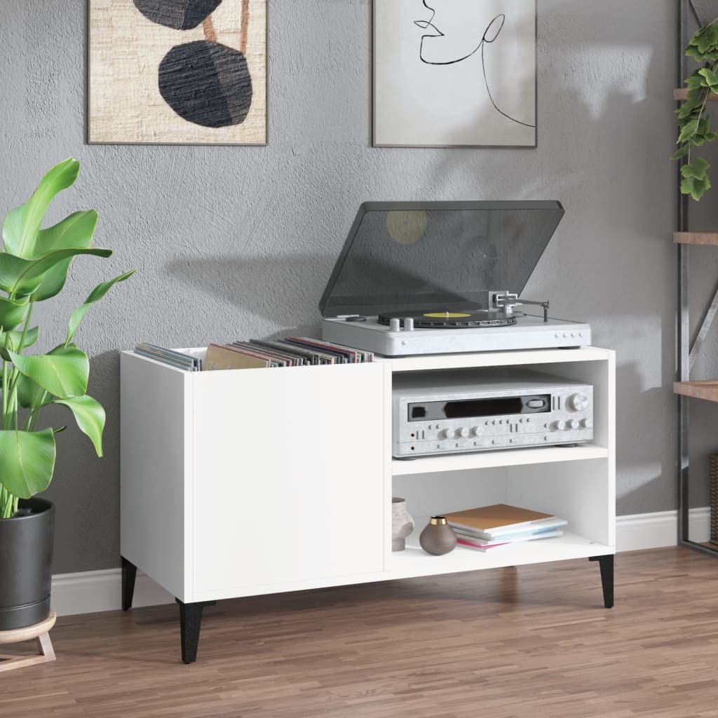 Mobile Porta Dischi Vinile In Legno - Libreria Per Soggiorno 84.5x38x48cm, Bianco, Con Piano Robusto