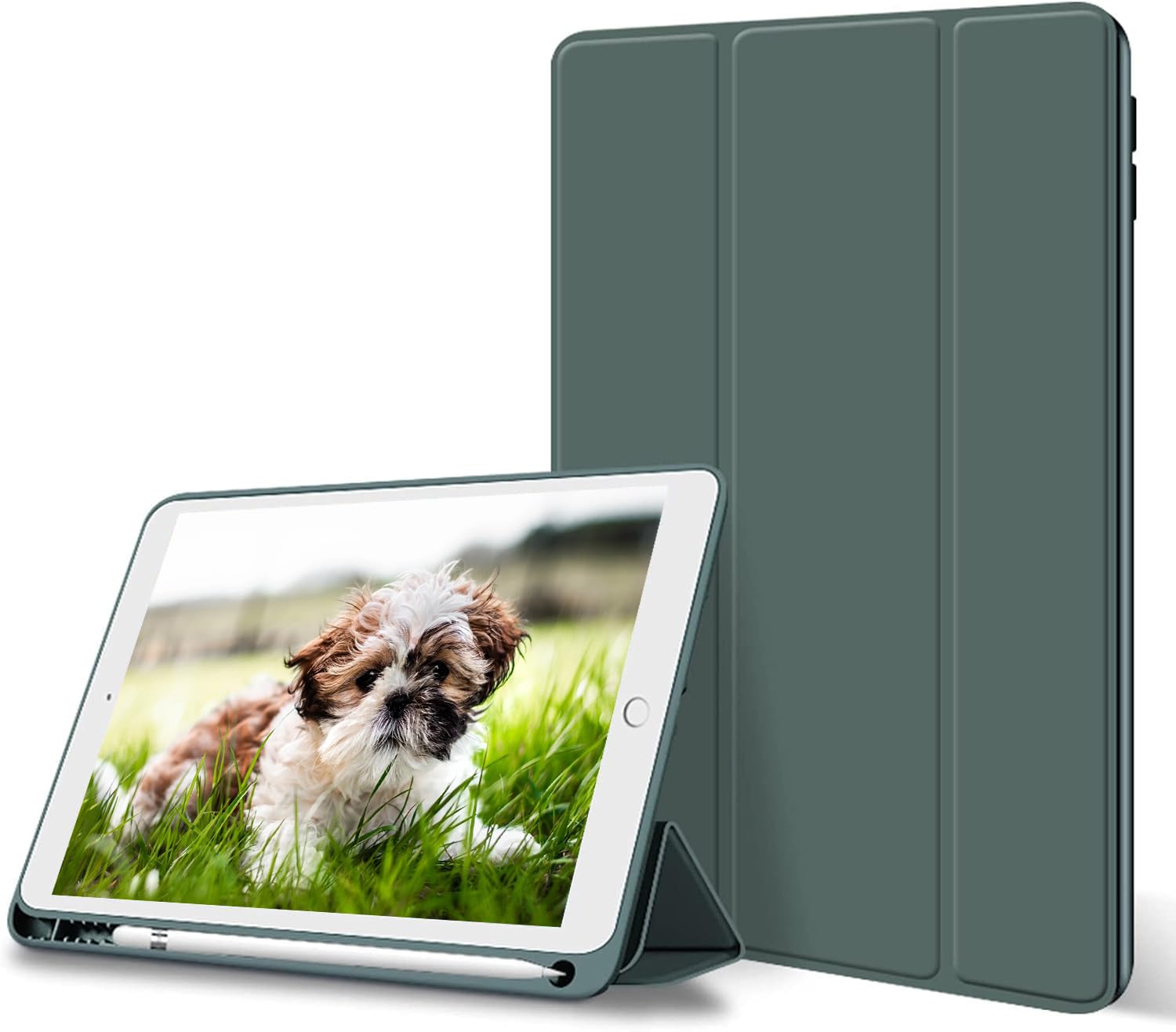 KenKe iPad 10.2 Case for iPad 9th Generation 2021/ iPad 8th Gen 2020/ iPad 7th Gen 2019, Case with Pencil Holder, Auto Sleep/Wake, Soft TPU Back Cover for iPad 10.2 inch, Dark Green