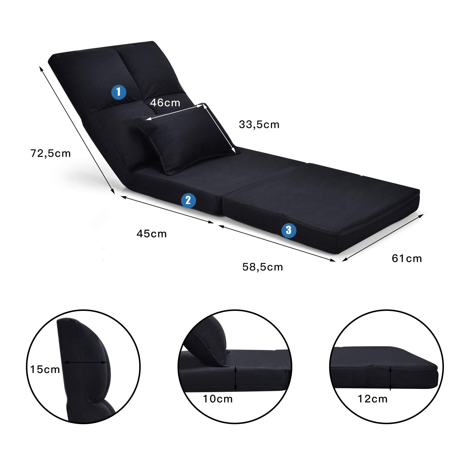COSTWAY Chauffeuse 1 Place Adulte，Fauteuil Relax de Sol avec Oreiller, Chaise de Sol Pliable avec Dossier Réglable sur 5 Niveaux, Canapé Paresseux pour Lecture, Méditation, Charge 100KG (Noir)