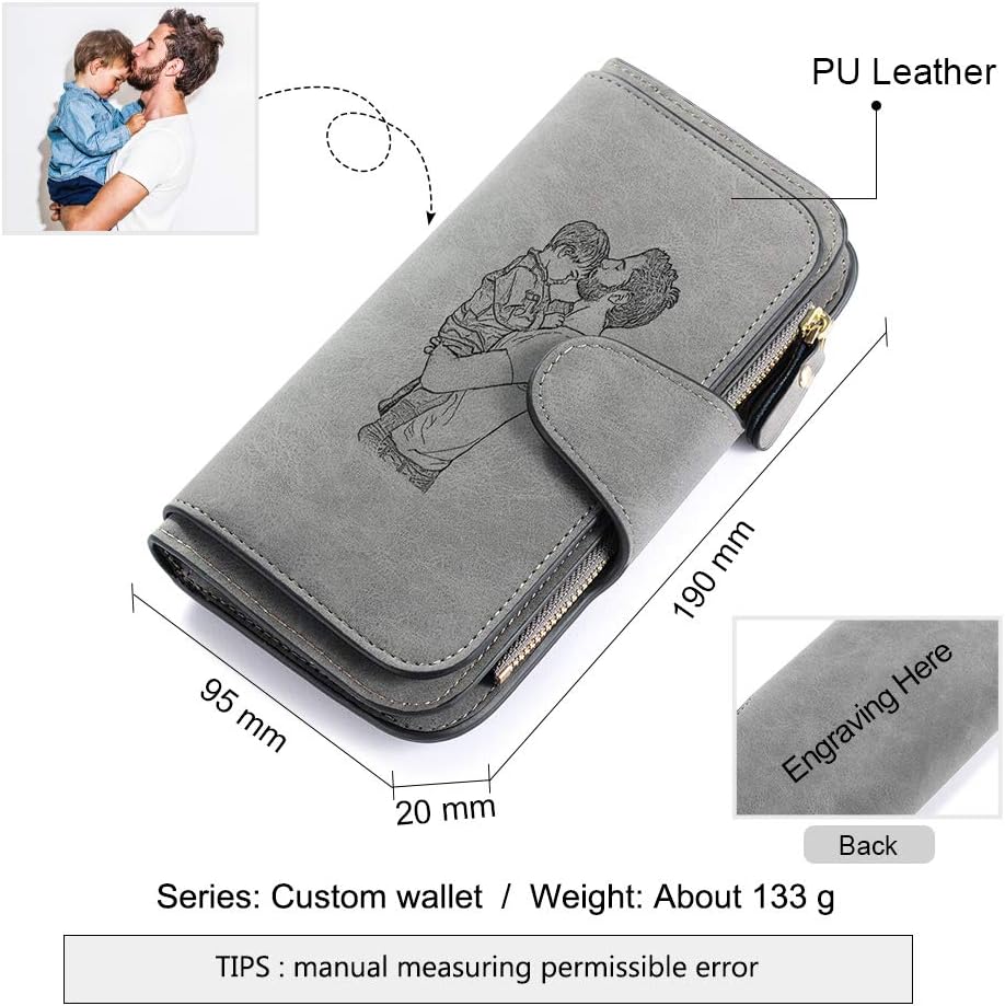 Lovejewelry Personalized Wallets for Women Photo Engraved PU Leather Trifold Wallet Credit Card Clutch Long Wallet for Girlfriend Mom Mother’s Day (Grey -2)