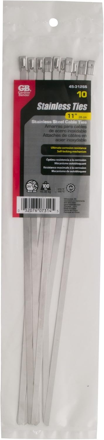 Gardner Bender 45-312SS Stainless Steel Cable Tie, 11 inch, 100 lb, Electrical Wire and Cord Management, Metal Zip Tie, 10 Pk