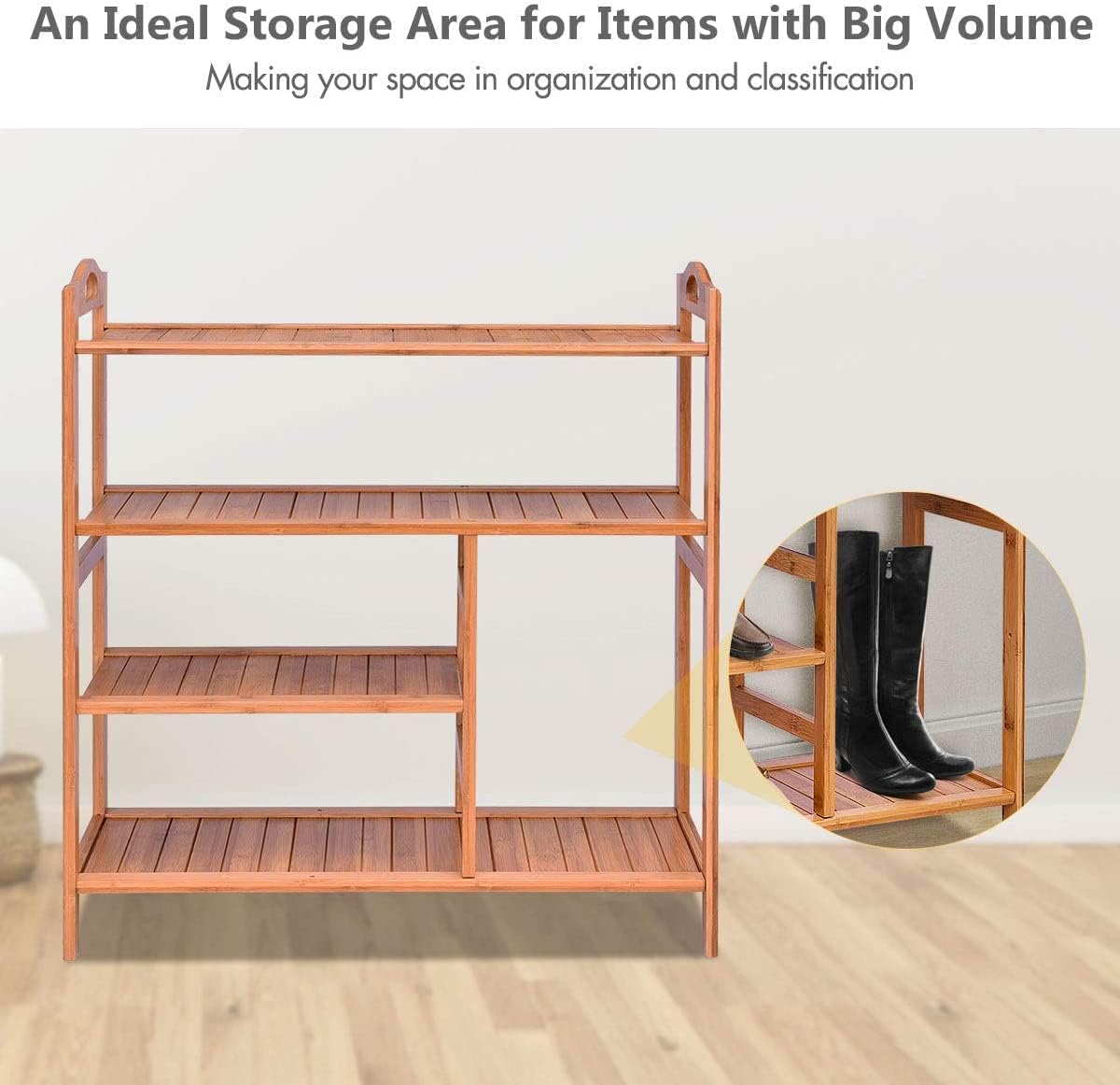 LDAILY LUARANE 4-Tier Bamboo Shoe Rack, Wood Plant Flower Stand Shelf with Handle, Shoe and Boot Rack for 12-14 Pairs, Suitable for Entrances, Corridors, Living Rooms, Gardens