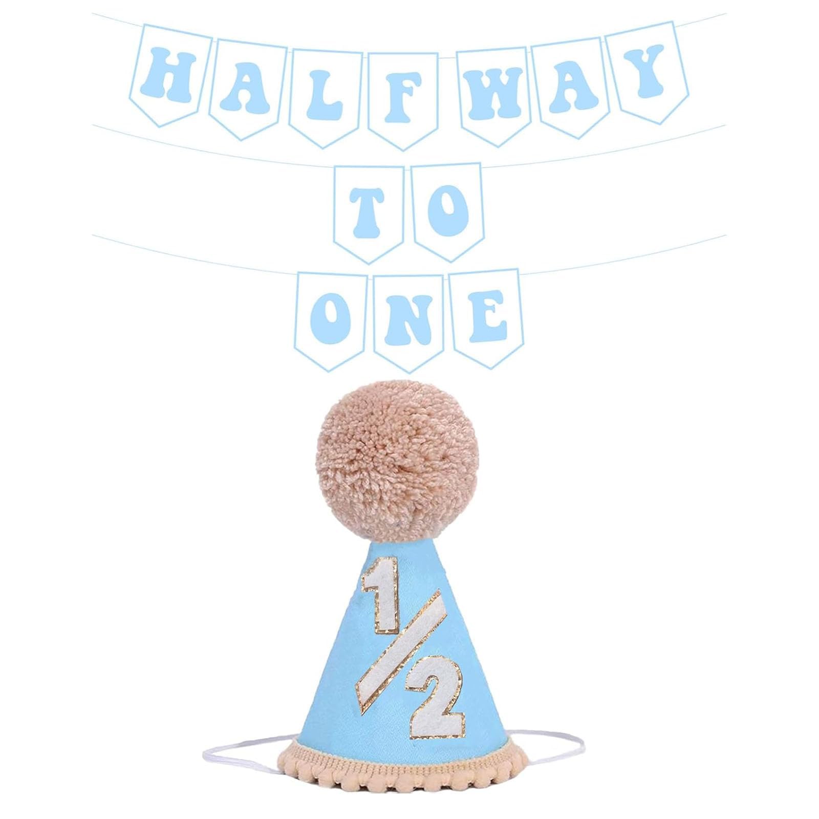 2-Piece Half Way to One Decorations for Baby Boy, Half Birthday Hat and Banner Set, Blue 1/2 Birthday Hat and Banner Set, 6 Months Half Birthday Party Photo Props