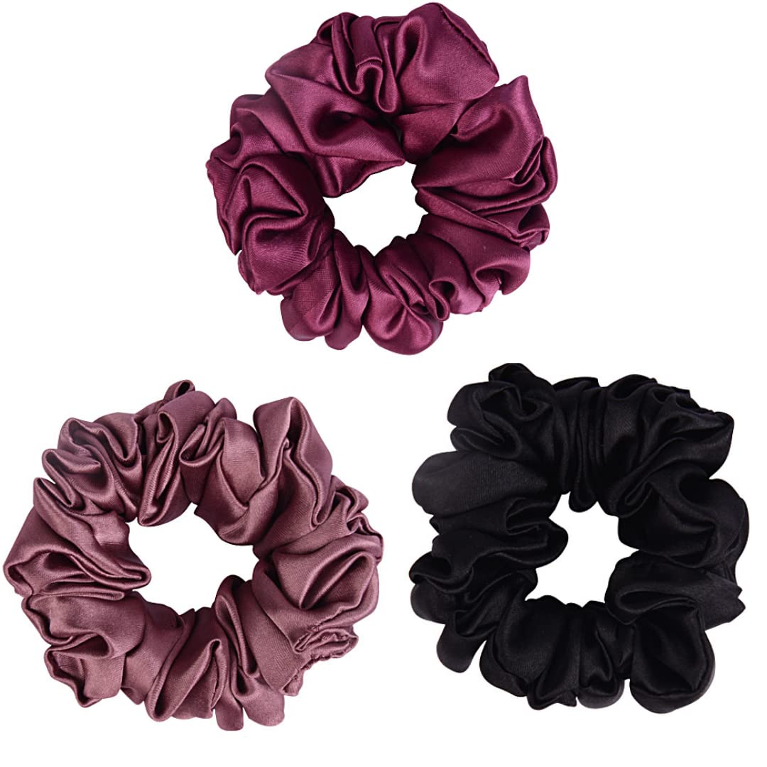 Arendelle Black & Wine Regular Satin Scrunchies – Pack of 3 | Soft, No-Damage Hair Ties for Women & Girls | Regular Size | Same Colours as Photo | Gift for Sister, Girlfriend, Mother