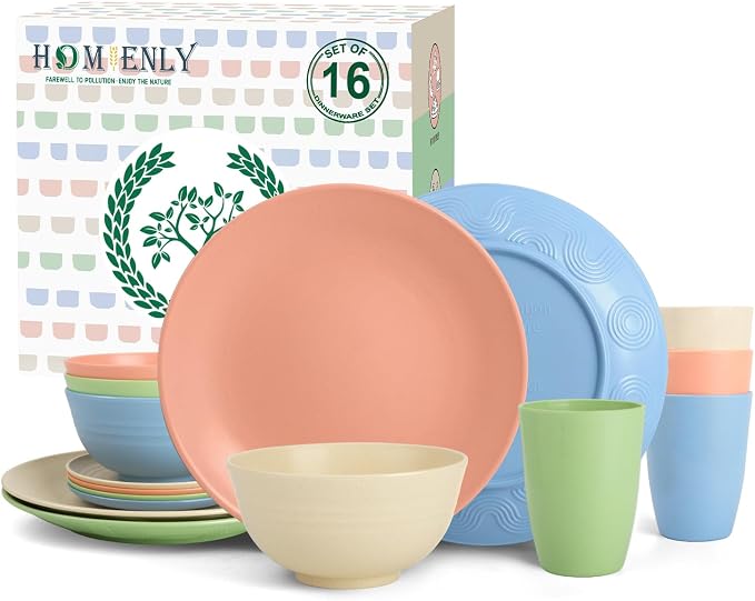 Homienly 40-Piece Dinnerwave Sets, Service for 8, Wheat Straw Dinnerware Set - Plates and Bowls Set with Cups, Lightweight Microwave and Dishwasher Safe Dish Set for Dinner, Outdoor - Multi Light