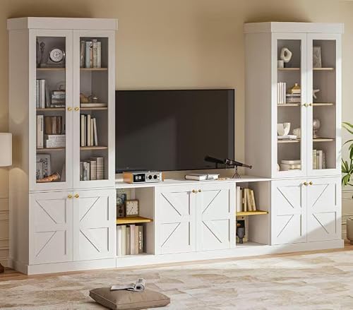ivaniti 3-Piece Farmhouse Entertainment Center Wall Unit, White TV Stand with 2 Tall Bookcases, 61.8" Media Console with Sliding Barn Doors, 71" Bookshelves with Glass Doors and Adjustable Shelves