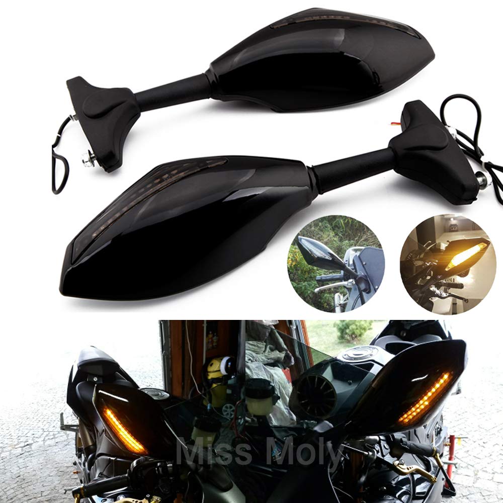 Specchi Retrovisori per Moto Specchi con Indicatore di Direzione a Led Indicatore Integrato per Bici da Corsa CBR GSXR YZF Sportbike(Nero Lucido + Lente Fumo)