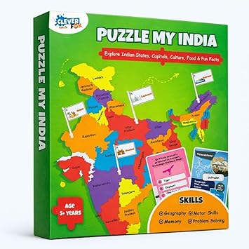Puzzle My India – States & Capitals Educational Map Puzzle for Kids | India Jigsaw with State-Shaped Pieces, Mini Flags, 28 Flash Cards with Facts & Q&A (Age 5+) | Clever Fox Funlab