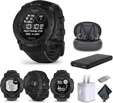 Garmin Instinct 3 Tactical Edition، شاشة مشحونة بالطاقة الشمسية مقاس 45 مم، حزمة ساعة ذكية GPS متينة في الهواء الطلق مع شاحن حائط USB + قطعة قماش تنظيف من الألياف الدقيقة + المزيد