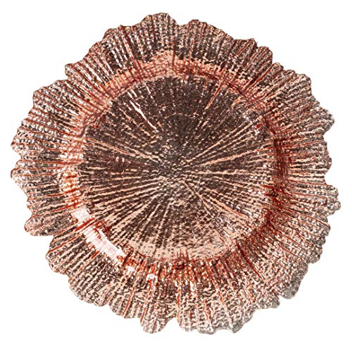Koyal Wholesale Bulk Flora Glass Charger Plates, Set of 4, Rose Gold, Starburst Charger Plates, Reef Charger Plates