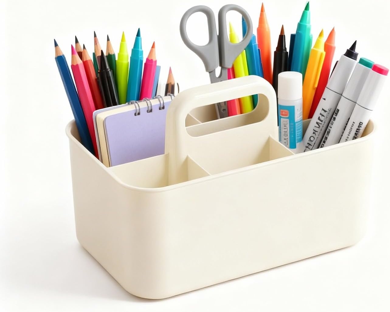 Multipurpose Caddy Organizer with Handle, 9.6'' x 6.1''x 4.3'' Large Stackable Plastic Craft Storage, Portable Pen Holder 5 Dividers for Art Supplies, Colored Pencils, Stationery, Markers, Makeup