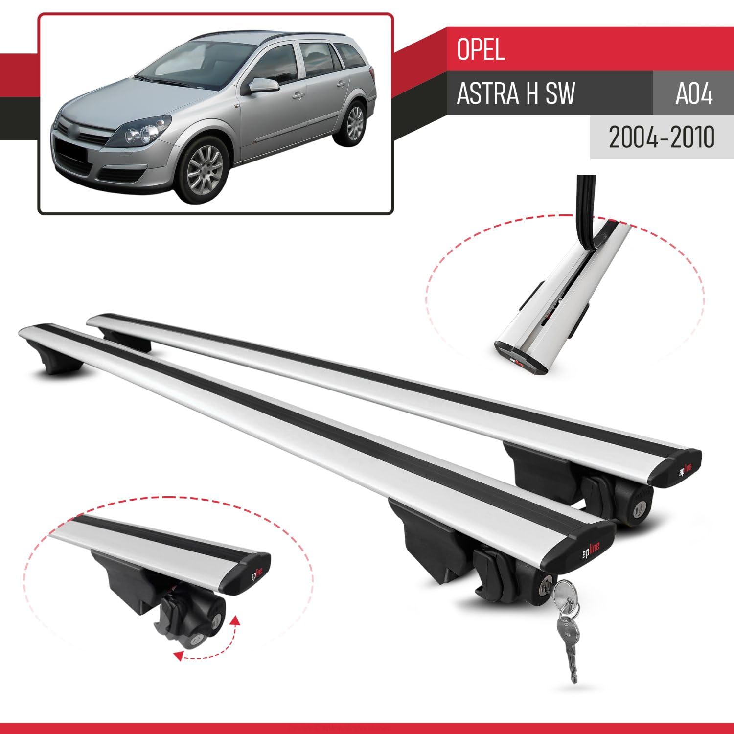 Compatibile con Opel Astra H (A04) SW 2004-2010 HOOK Model Barre Tetto Portapacchi Auto Barre Portatutto Grigo Alluminio 2 Barre