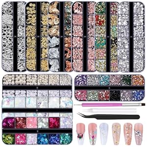 10 Boxes Nail Art Kit – 12 Colors Pointed/Flatback Rhinestones, 3D Gold/Silver/Rose Nail Studs, White Beige Half Pearls, Holographic Glitter & Foils + 3 Tools for DIY Nail Art Jewels & Crafts