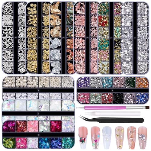 10 Boxes Nail Art Kit - 12 Colors Pointed/Flatback Rhinestones, 3D Gold/Silver/Rose Nail Studs, White Beige Half Pearls, Holographic Glitter & Foils + 3 Tools for DIY Nail Art Jewels & Crafts