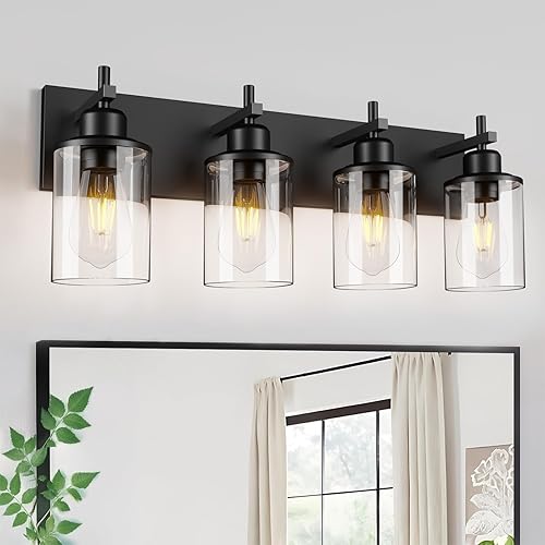 Lámpara de baño negra de 4 luces sobre el espejo, moderna casa de campo, baño, tocador, iluminación de pared vintage con pantalla de vidrio
