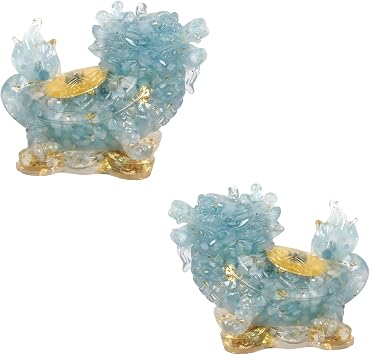 Rockcloud Pack of 2 Handmade Aquamarine Pocket Crystal Dragon Turtles Feng Shui Animal Figurine for Wealth and Good Luck