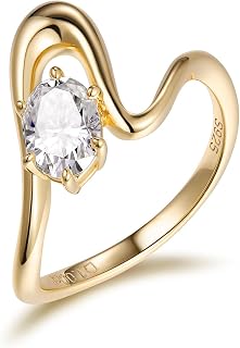 1 Carat Oval Cut Moissanite Novelty Wave Ring for Women, 925 Sterling Silver with 18K Yellow Gold Plated, Wedding Engagement Promise Aniversary Ring, Birthday Valentines Mothers Day Ideal Gift for Her