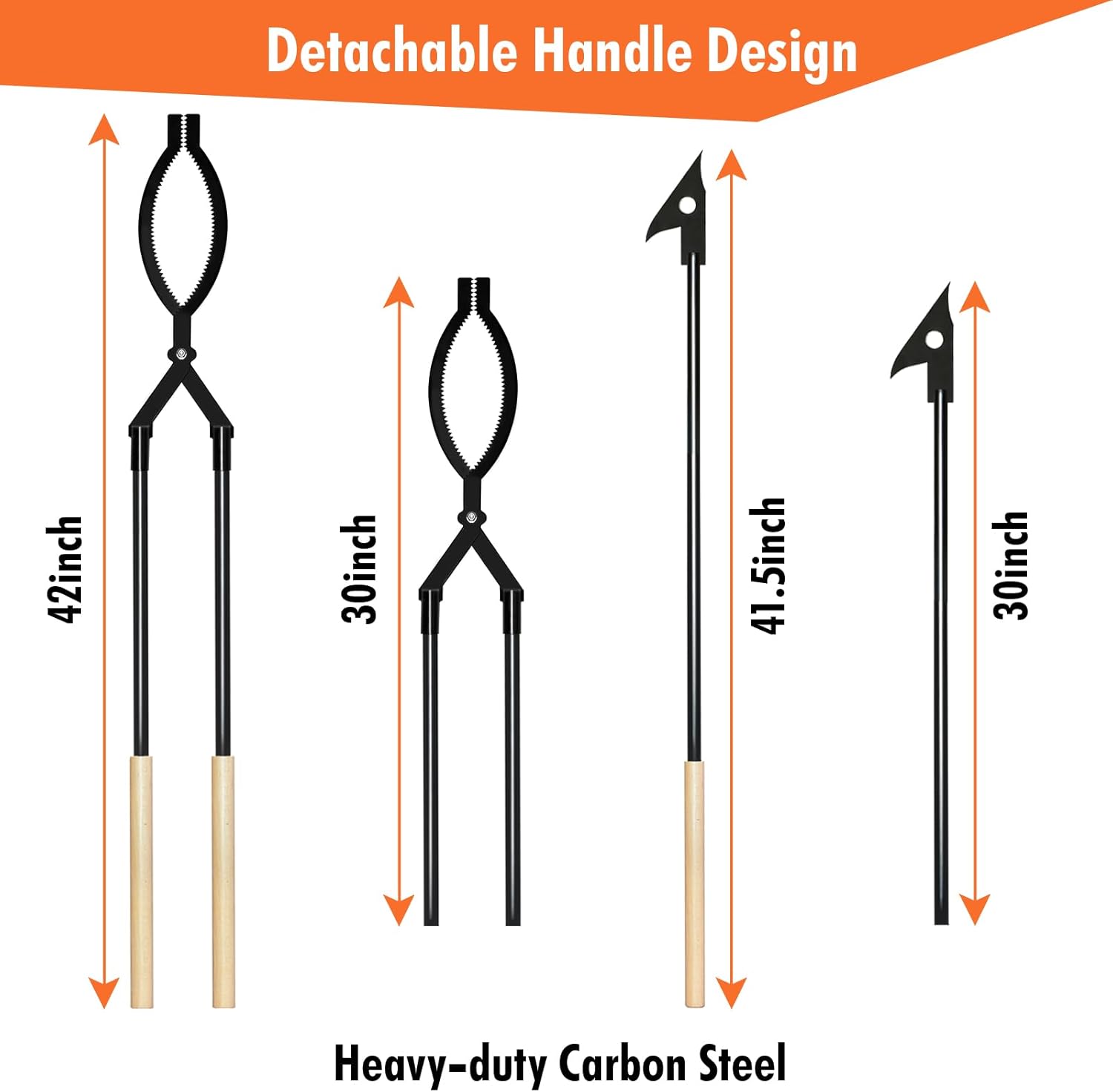 42in Detachable Fire Tongs and Poker Set with Carrying Bag, Heavy Duty Fire Pit Tools, Portable Log Grabber Fireplace Tools for Indoor Outdoor Fire Pit Camping Wood Stove Bonfire