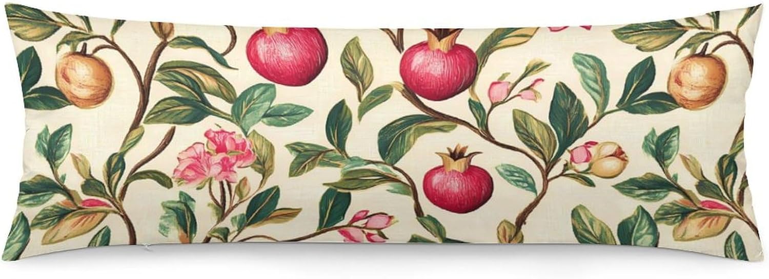 Pomegra Flowers Leaves Body Pillow Cover Long Cushion 18.9x53.1 Inch