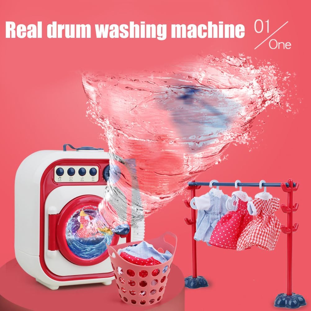 The Srliya Mini Washing Machine Toy demonstrating water being drained from the drum into a miniature laundry basket