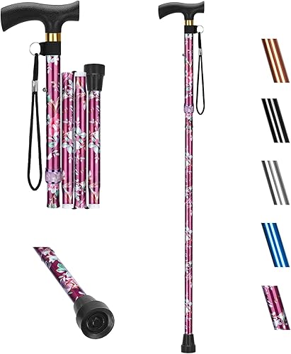 Miniatura 10 de supregear Bastón plegable, bastón plegable de aluminio de altura ajustable de 5 niveles, bastón plegable con mango en T y correa de muñeca