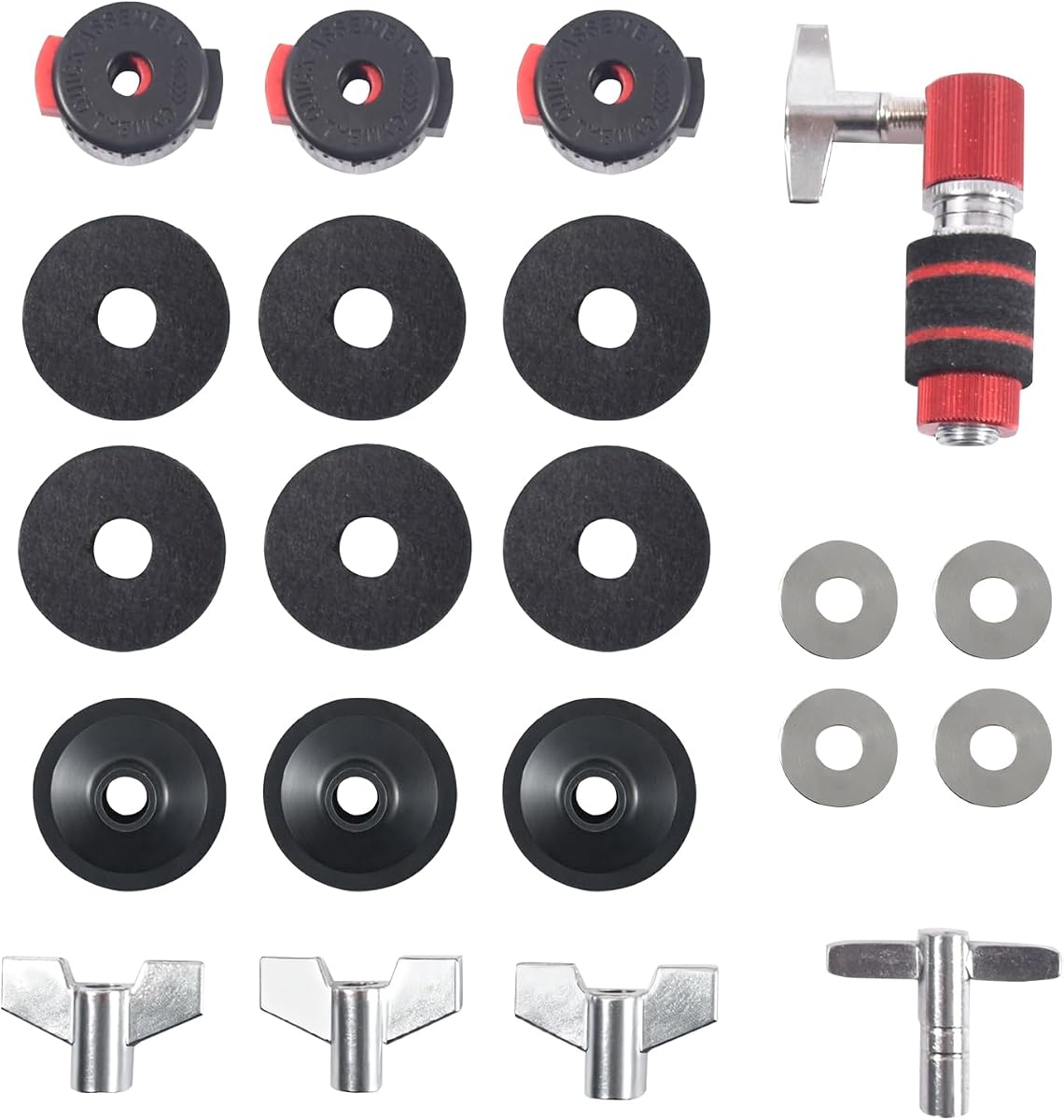 21PCS Cymbal Replacement Accessories, Hi-Hat Clutch, Drum Cymbal Felt Pads | Include Wing Nuts & Washers & Plastic Cymbal Sleeves & Drum Key and Plastic Cymbal Nuts,Replacement for Drum Set