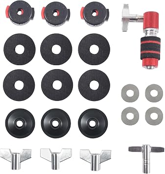 21PCS Cymbal Replacement Accessories, Standard Hi-Hat Clutch, Drum Cymbal Felt Pads Include Wing Nuts & Washers & Plastic Cymbal Sleeves & Drum Key and Plastic Cymbal Nuts,Replacement for Drum Set