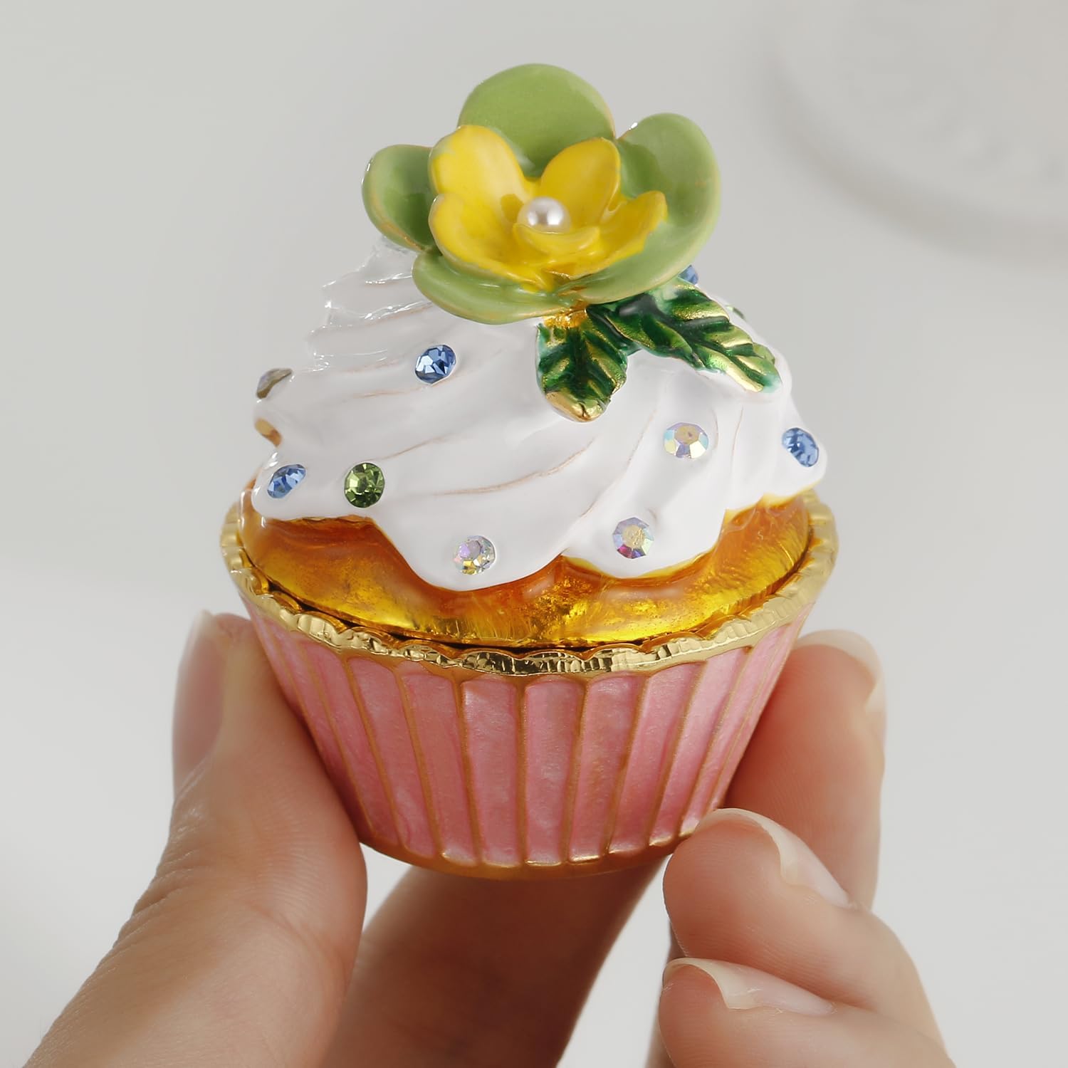 Hand Painted Enamel Cupcake Trinket Box, Hinged Jewelry Organizer Storage, Unique Home Decor Figurine Keepsake Collectible, Personalized Handmade Decoration Ornament Gifts (Green Cupcake-Flower)