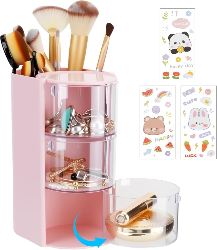 Organizador transparente de acessórios para cabelo com 3 níveis e suporte para pincéis de maquiagem JIABEIUS, rosa