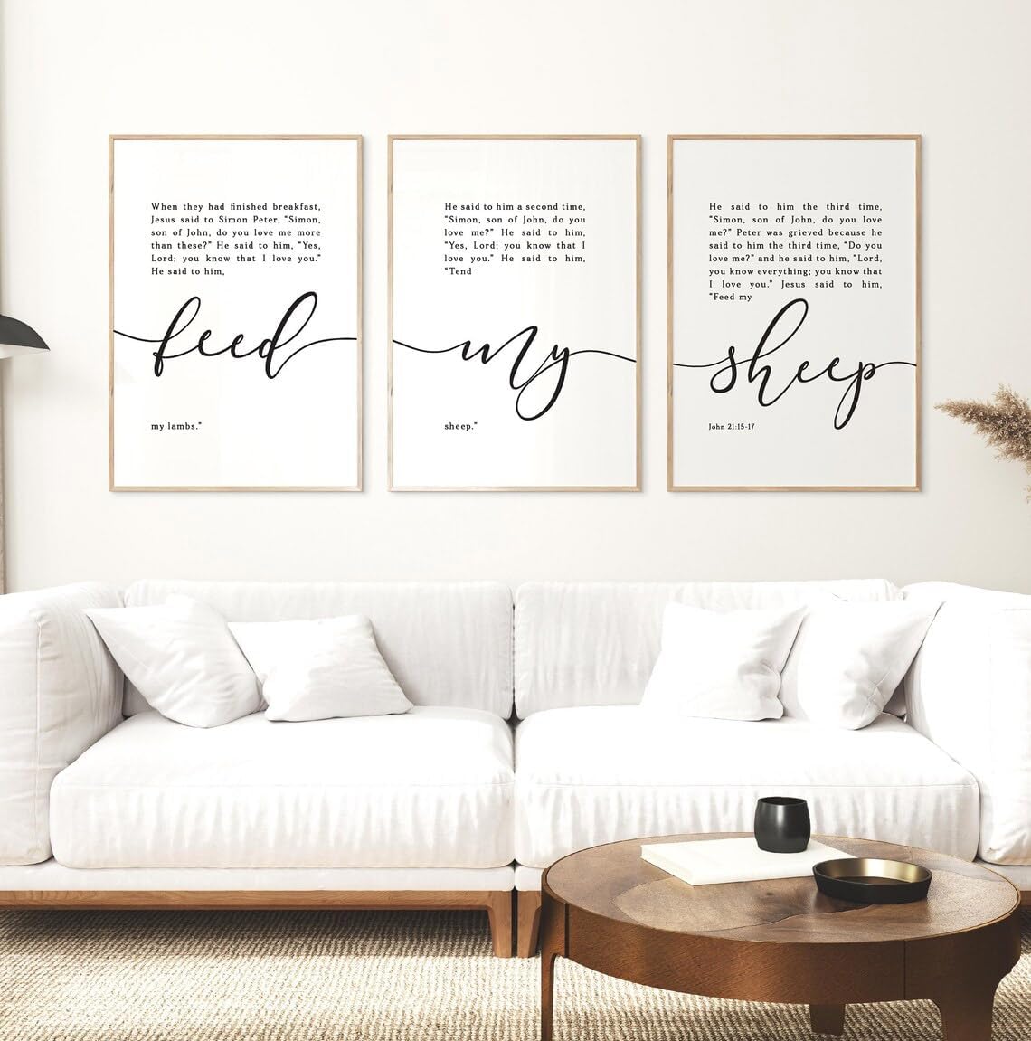 Home Decor Wall Art 3 Pieces Feed My Sheep Bible Verse Prints Canvas Painting Framed Artwork for Christian Bedroom Decoration with Inner Frame