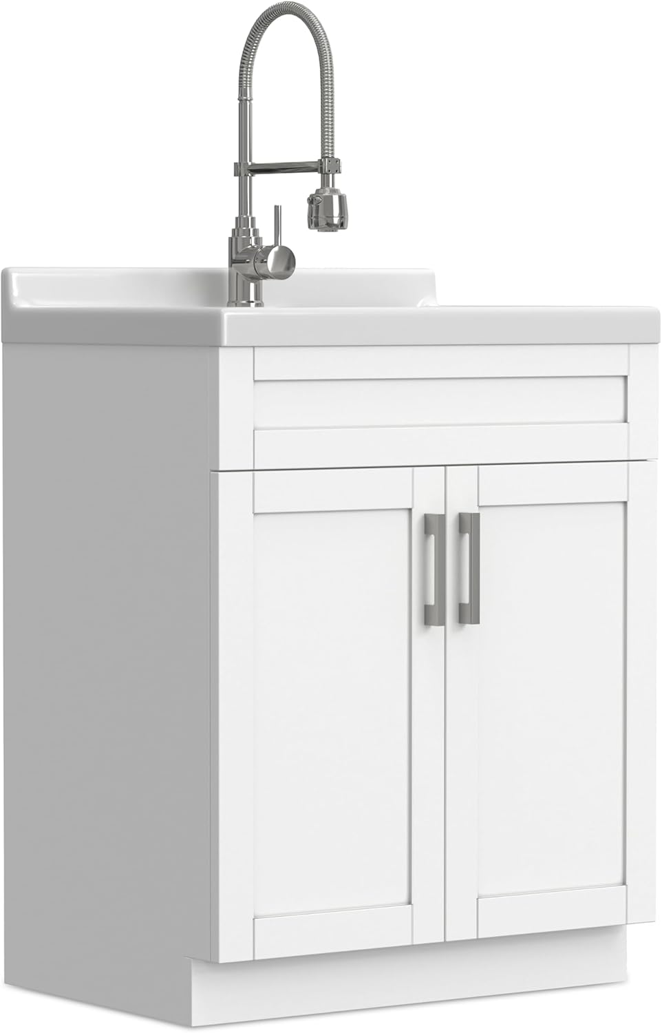 SIMPLIHOME Hennessy All-in-One 28 inch Wide Utility Sink and Laundry Cabinet in Pure White Finish, Transitional ABS Sink Cabinet for Laundry Rooms with High-Arch Chrome Faucet and Pull-Out Spray