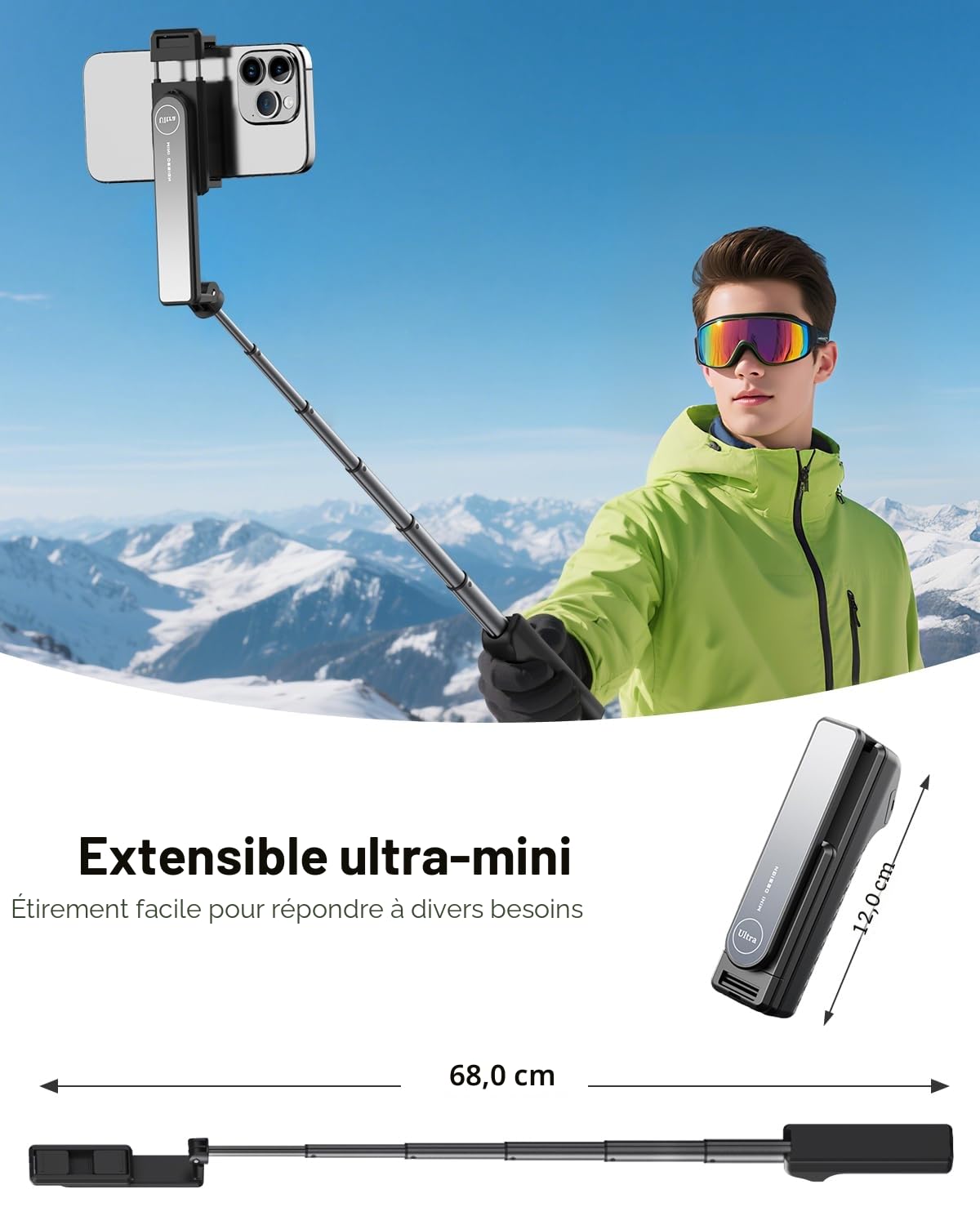 yAyusi Nouvelle Mini Perche à Selfie pour iPhone, Perche à Selfie Portable Extensible en Aluminium avec Télécommande, Perches à Selfie Compactes pour Vlog/Enregistrer Vidéo/Diffusion en Direct (Noir)
