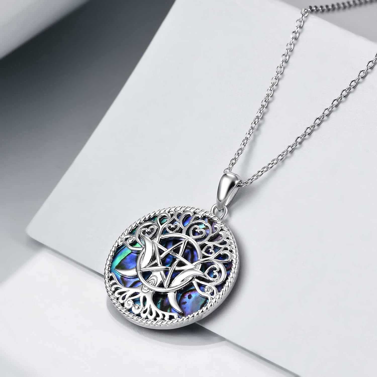 YFN Triple Moon Goddess Necklace Sterling Silver Pentagram Pentacle Opal Pendant necklace Pagan Wiccan Magic Amulet Tree of Life Jewelry for Women Men 18" - Image 3