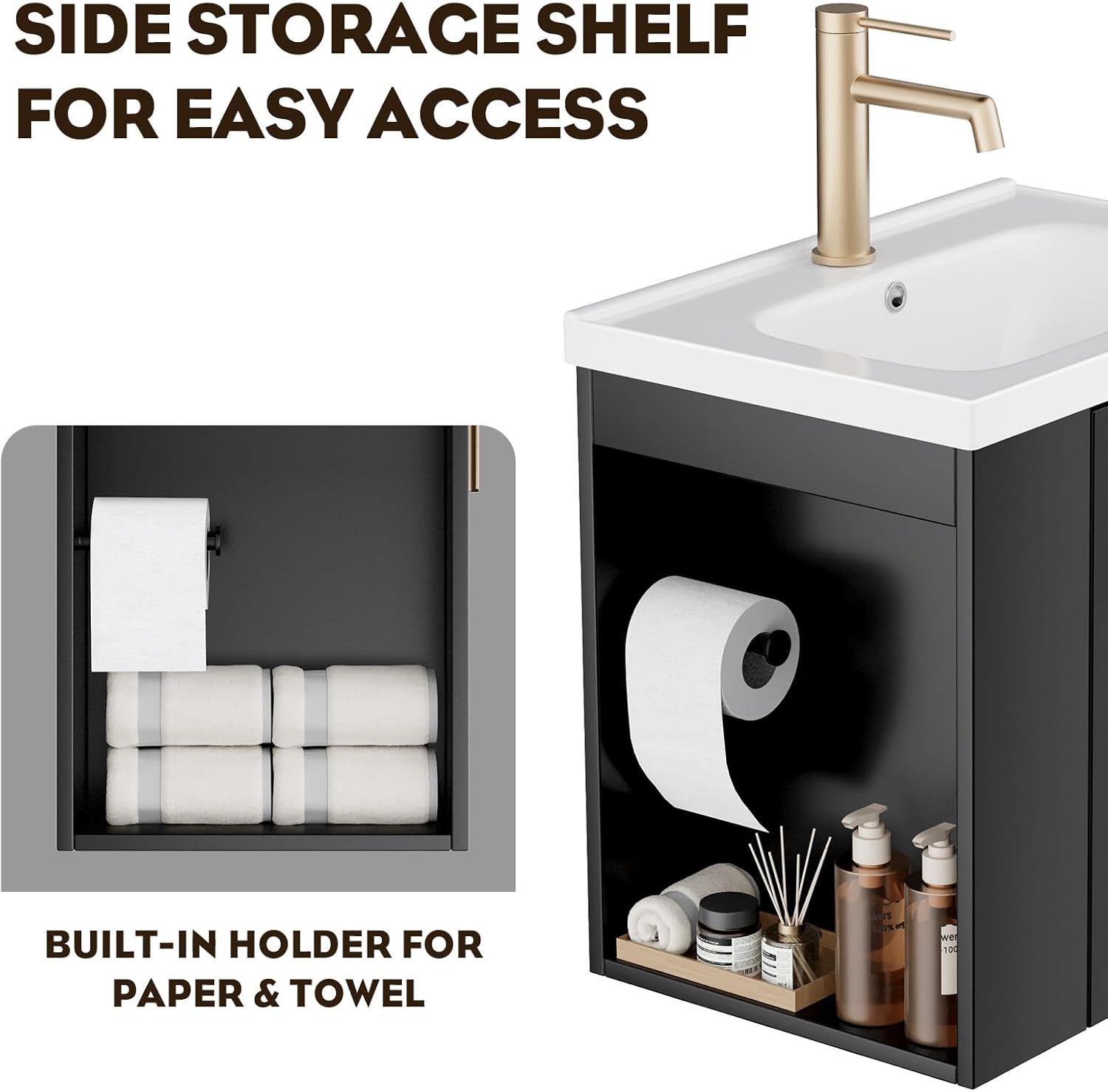 phiestina Pre-Assembled 20 Inch Floating Bathroom Vanity for Small Space, Wall-Mounted Black Cabinet with Ceramic Sink, Soft-Close Door, Left Side Storage, No Faucet,BV04-20-PUREBLACK-PLUS