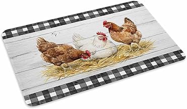Hen Doormat Retro Country Straw Hen Wood Grain Black Plaid Non Slip Low Profile Rubber Door Mat Washable Absorbent Indoor Front Door Mat Entryway Rug Entrance Carpet 16x24 Inch